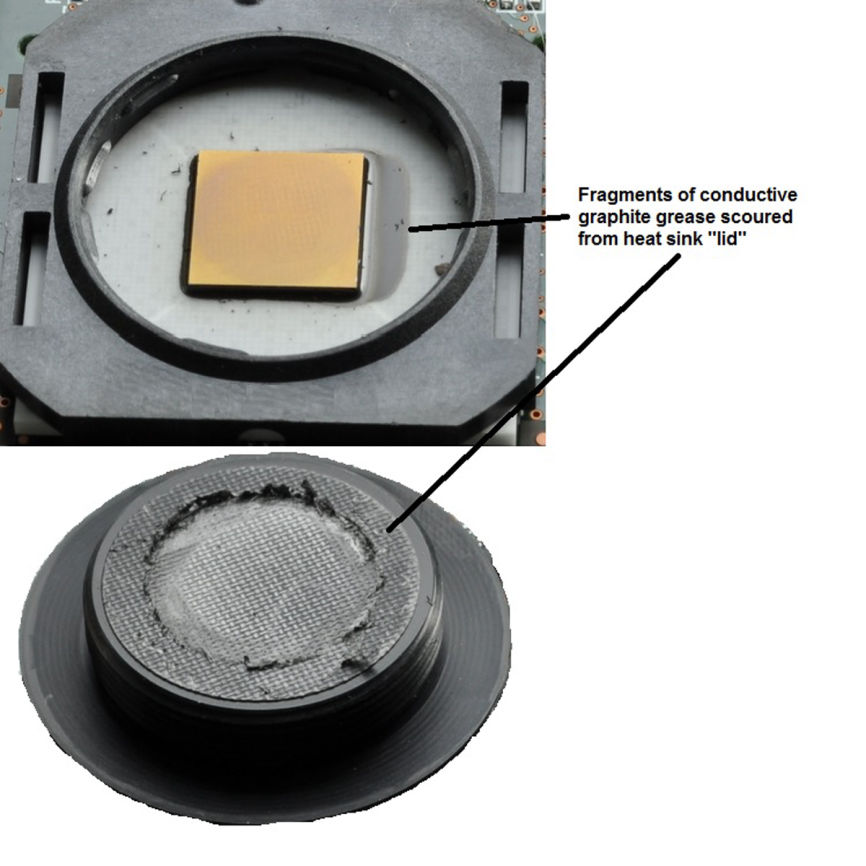 Lid of heat sink displayed showing how graphite 'grease' was scoured.