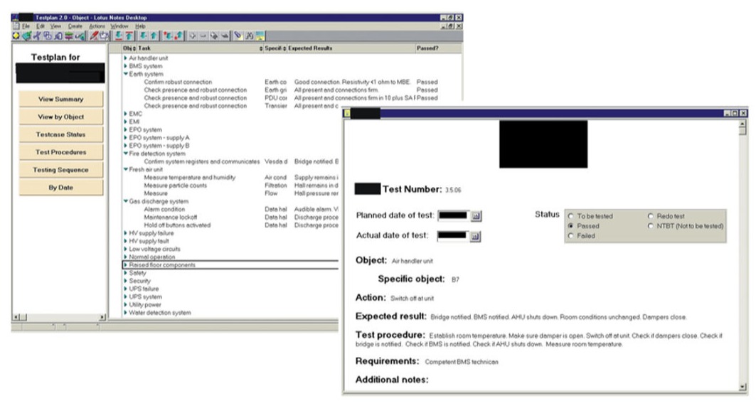 Two screen dumps.  One showing a completed testplan summary, outlining the major categories for each group of test cases (examples of each category - EMC, EM, EPO system, Fresh air unit).  The other screen dump is of a test case form outlining the object to be test (example air handler, PDU etc.) the test result and the expected action, the status of the test (passed, failed, to be repeated)